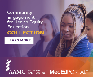 Community Engagemnt for Health Equity Education Collection, AAMC Center for Health Justice and MedEdPortal. Three diverse medical students work together on a computer.