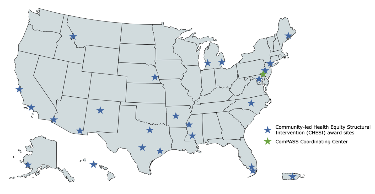 Map of the United States and Puerto Rico showing the locations of all NIH CHESI award sites and the ComPASS Coordinating Center.