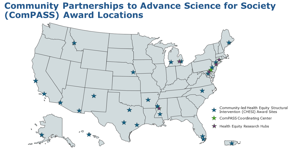 Map of the United States and Puerto Rico showing the locations of all NIH CHESI award sites and the ComPASS Coordinating Center.